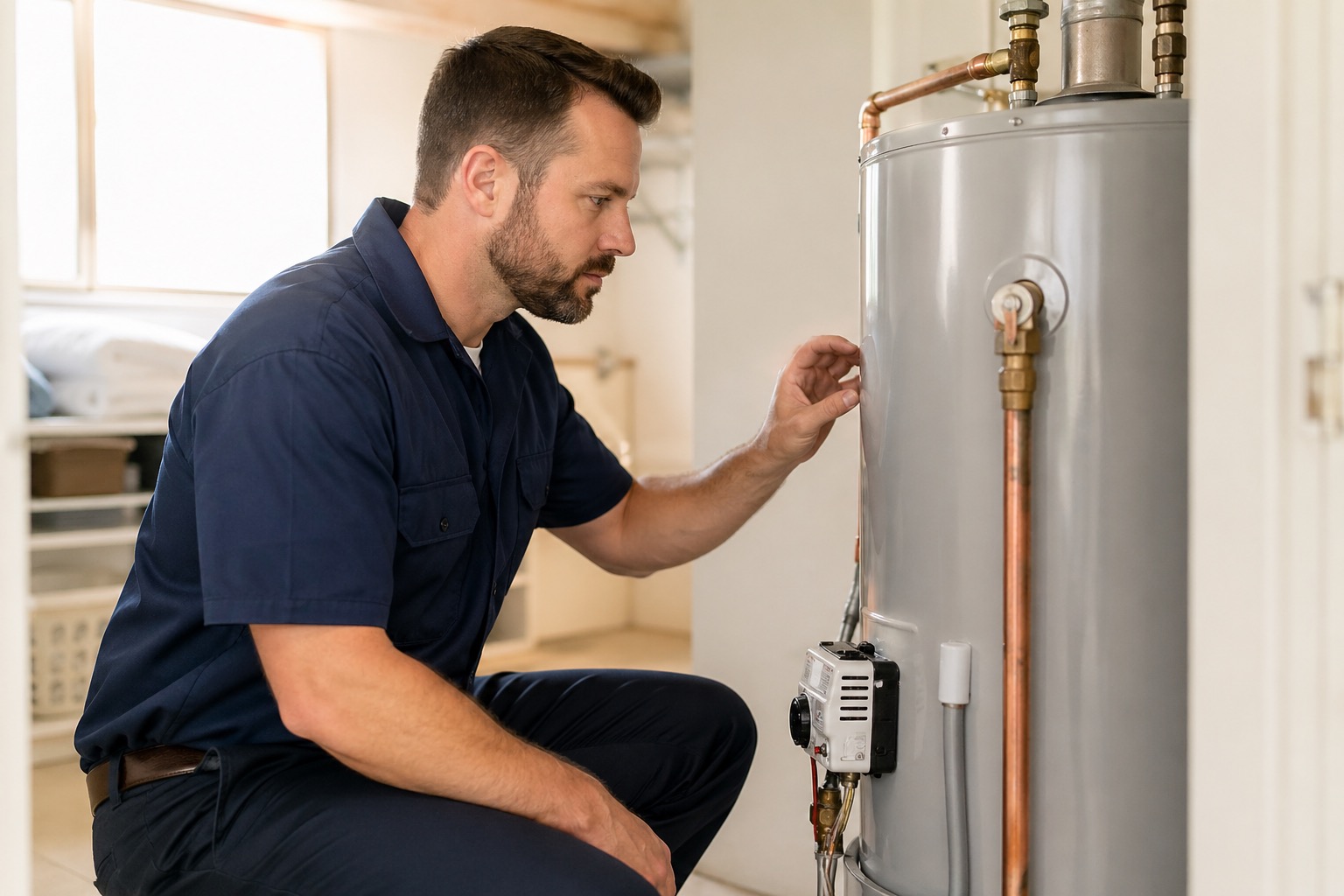New water heater professionally installed in a clean utility room by True Grit Plumbing in Cartersville GA