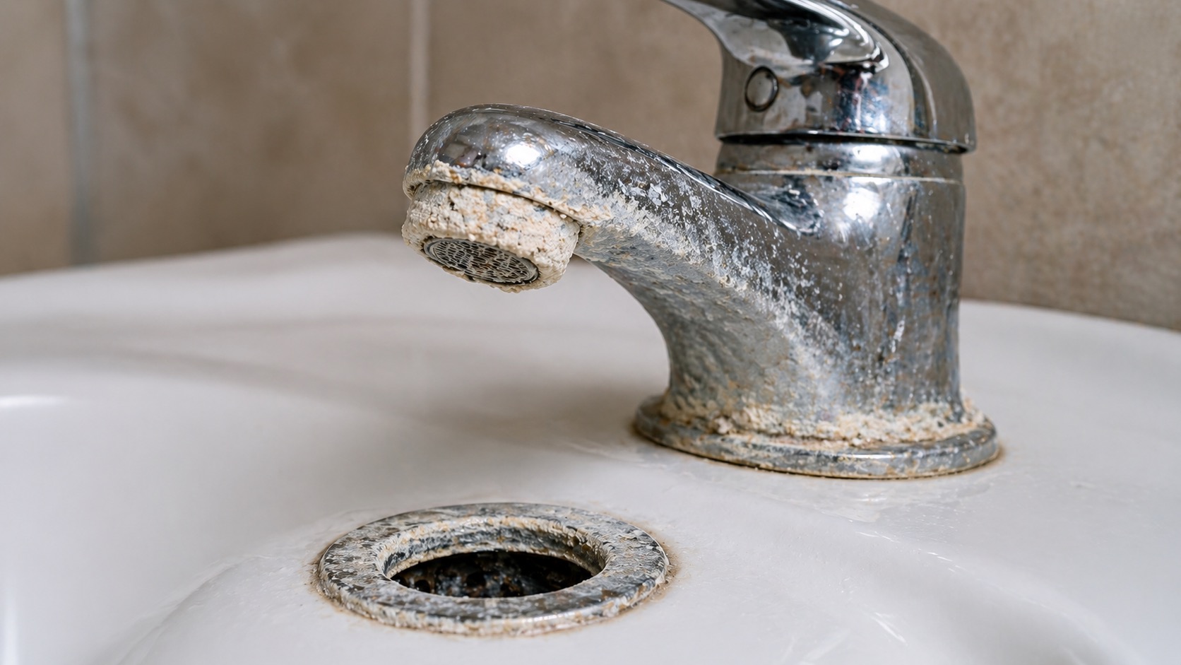 Calcium and mineral deposits crusted on a chrome bathroom faucet from hard water in Bartow County Georgia