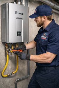 True Grit Plumbing technician inspecting a water heater in Northwest Georgia