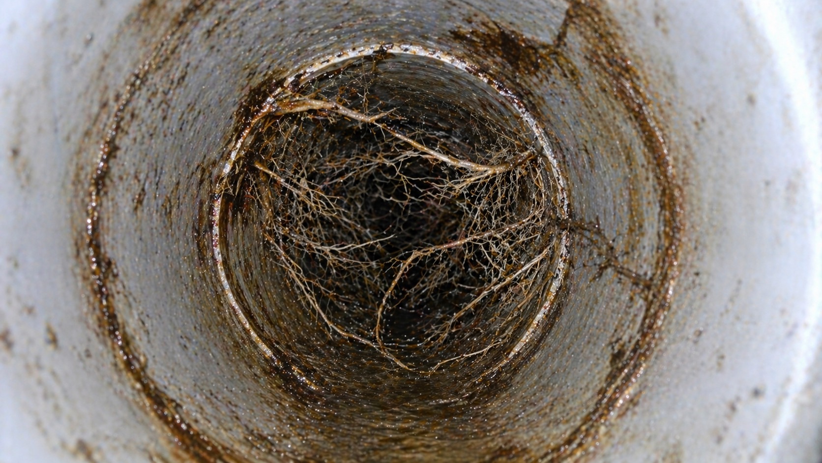 Tree roots growing through cracks in an underground clay sewer pipe as seen in a plumbing camera inspection