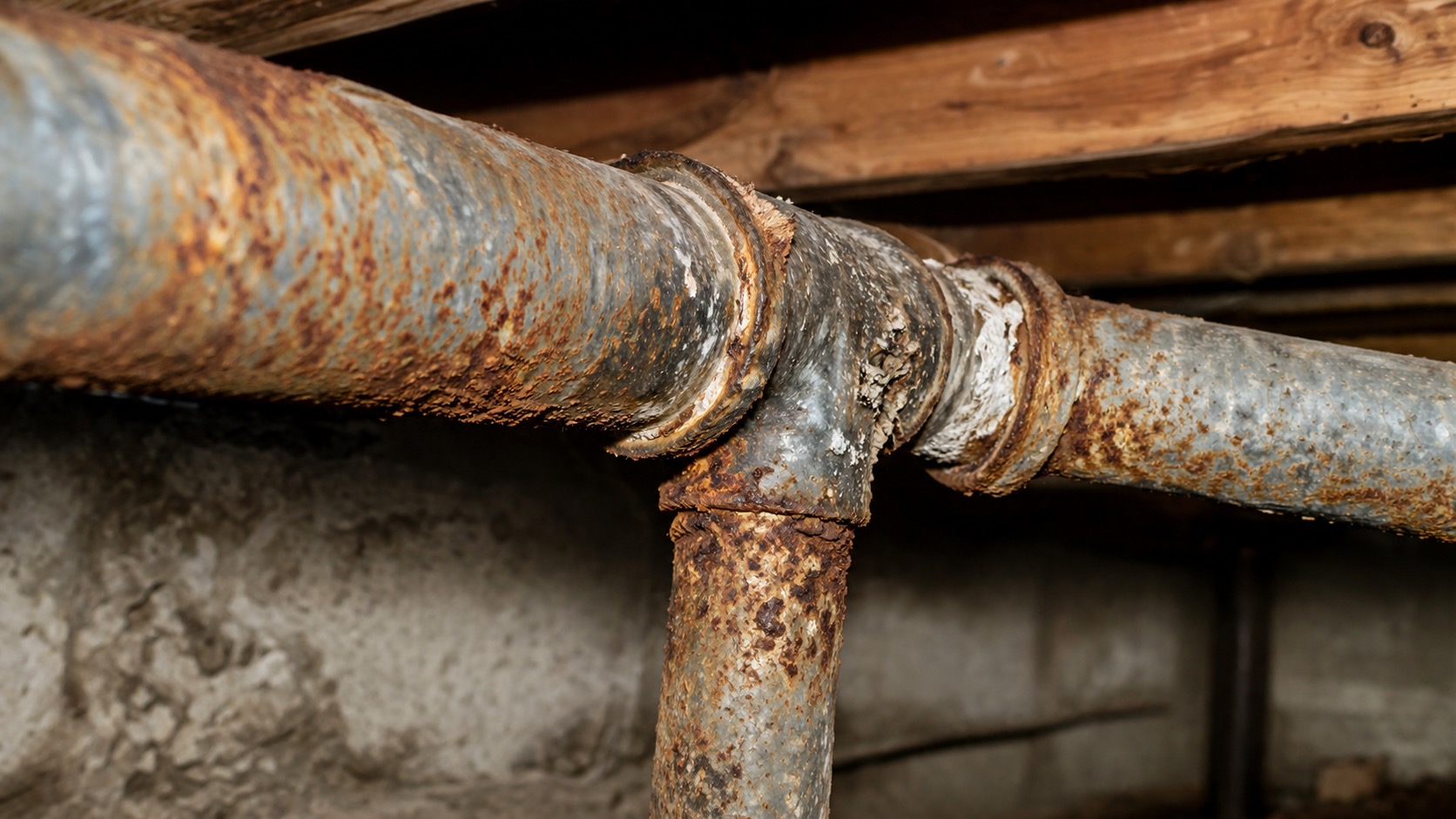 Corroded galvanized steel water pipes with heavy rust and oxidation in a mid-century home crawl space
