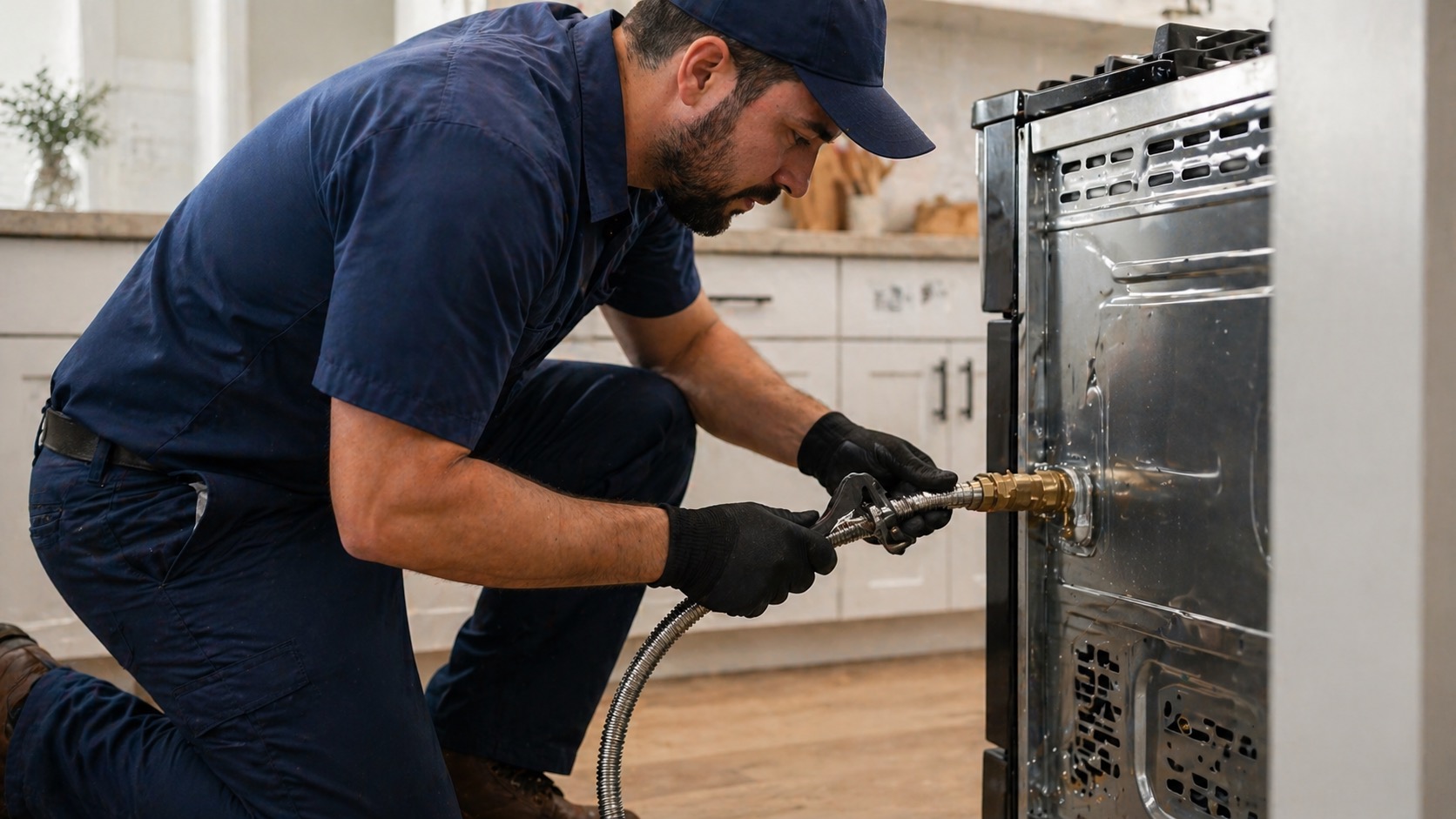 Plumber connecting a gas line to a kitchen range in a Northwest Georgia home