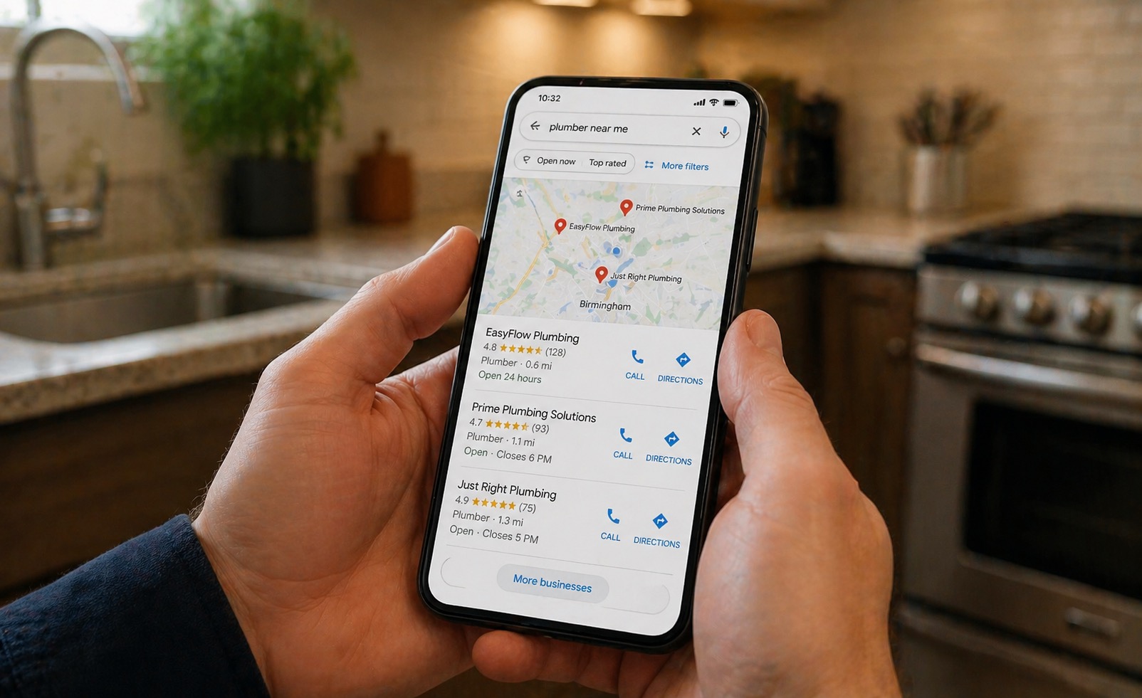 Person searching for a local plumber on a smartphone