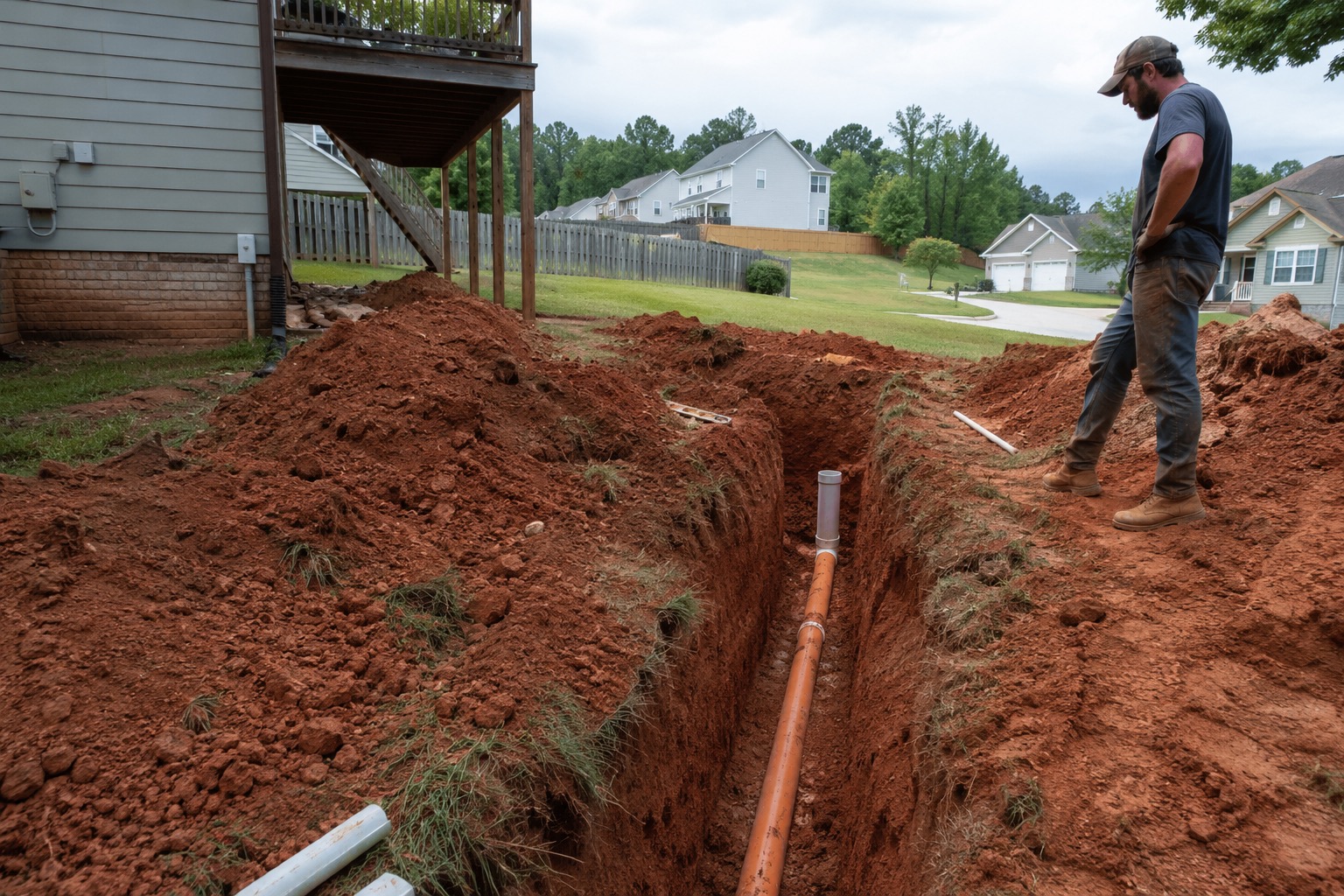Sewer line excavation in red Georgia clay soil