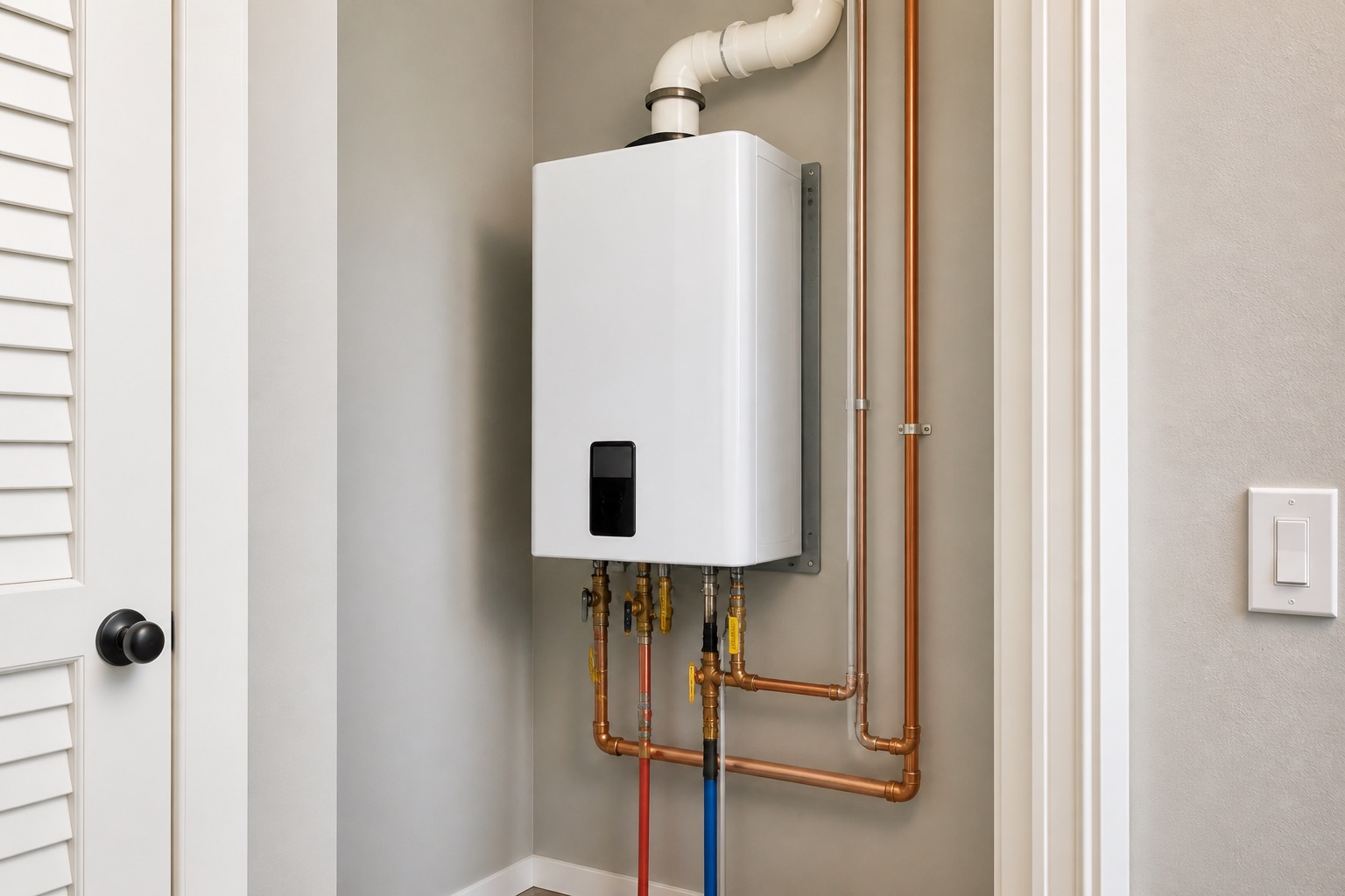 Tankless water heater mounted on wall — installed by True Grit Plumbing in Northwest Georgia