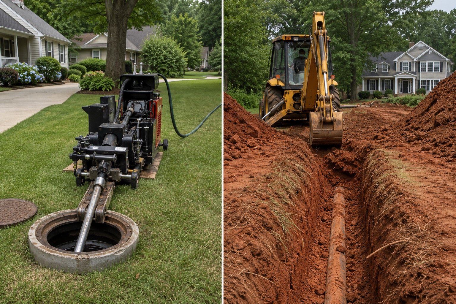 Trenchless pipe bursting vs open-cut sewer excavation comparison