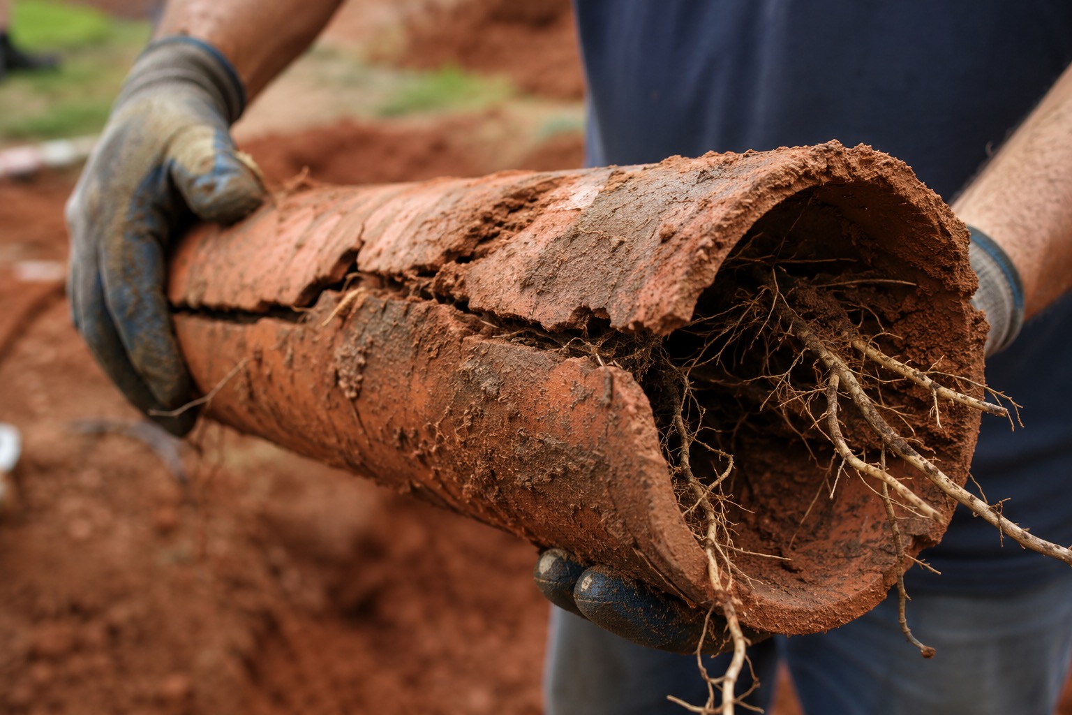 Cracked clay sewer pipe with root intrusion