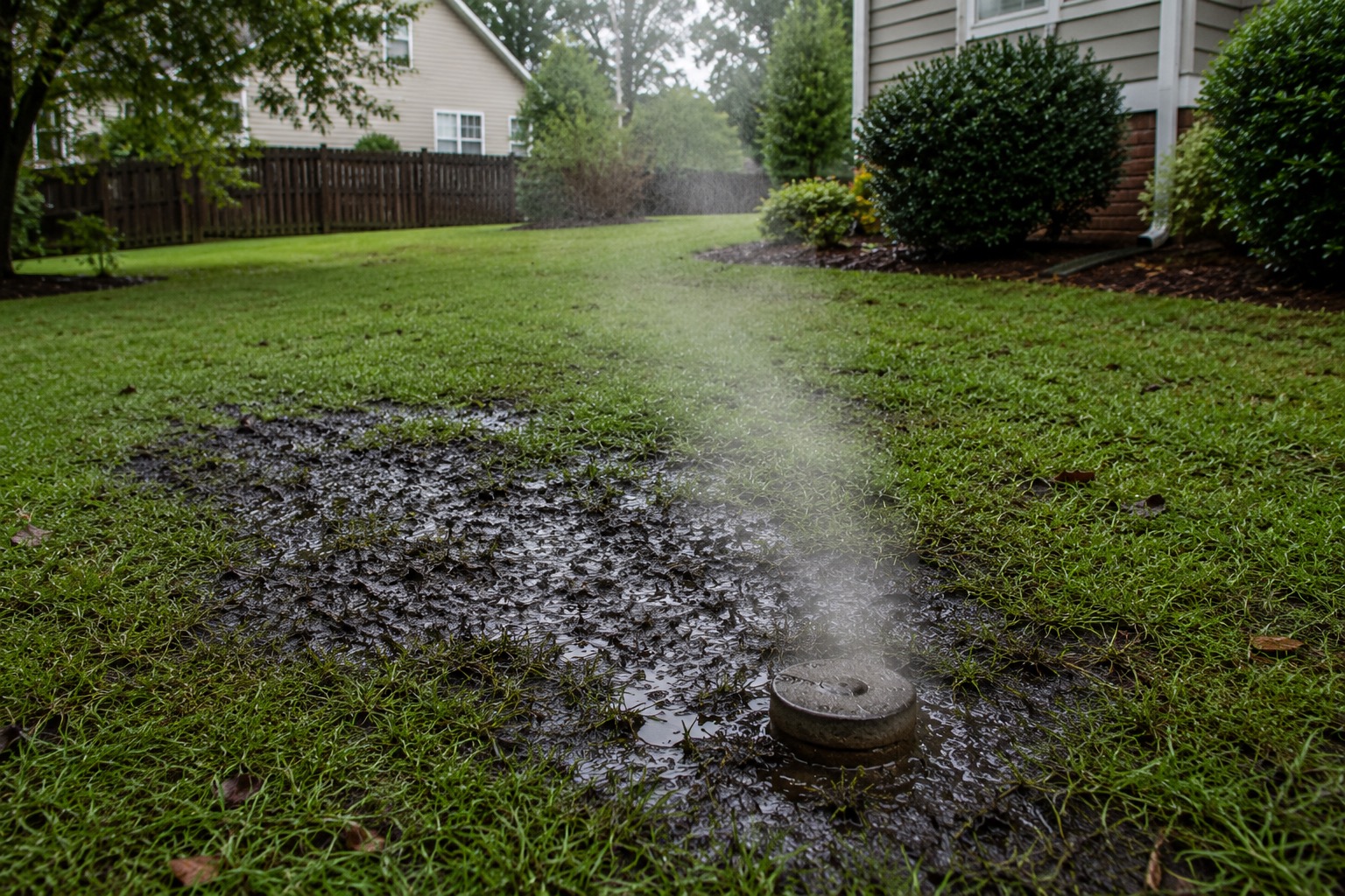 Wet soggy yard patch indicating underground sewer leak