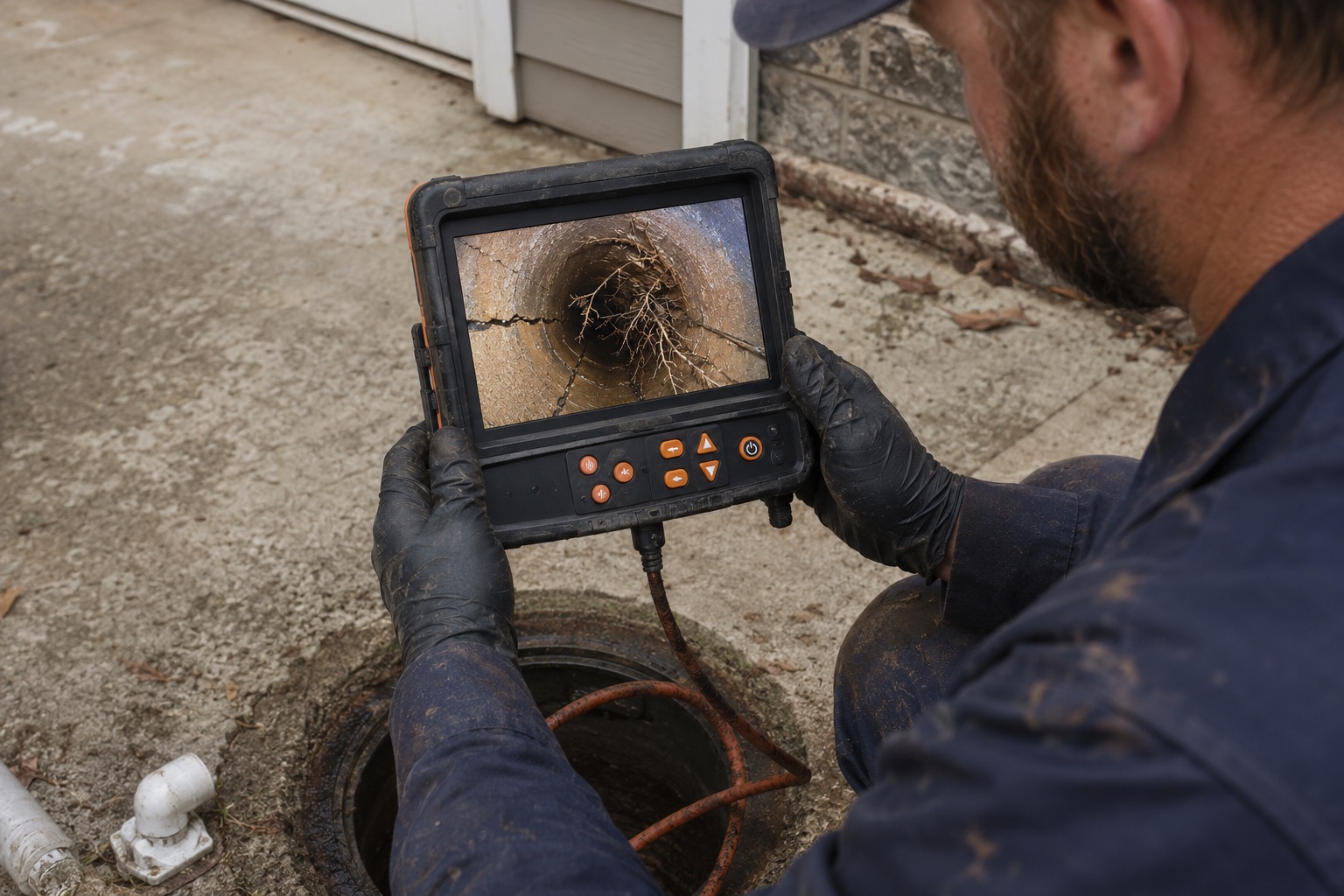 Plumber reviewing sewer camera inspection results on monitor