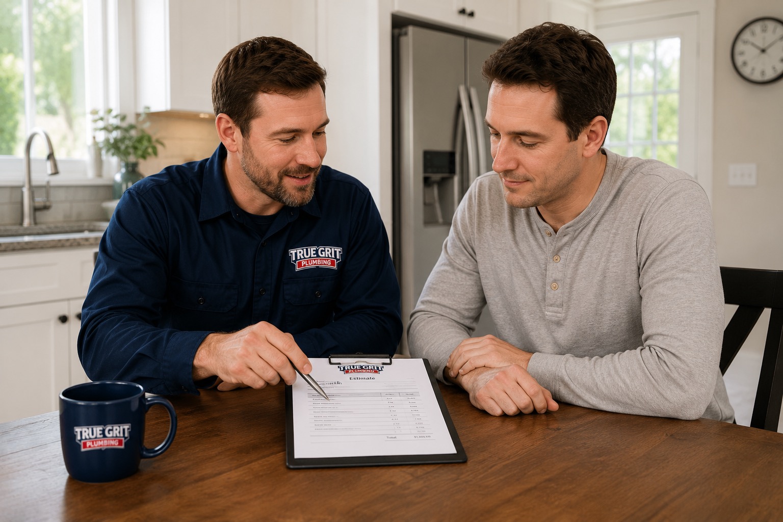 Homeowner on phone calling a plumber while looking at a leaking pipe under a sink