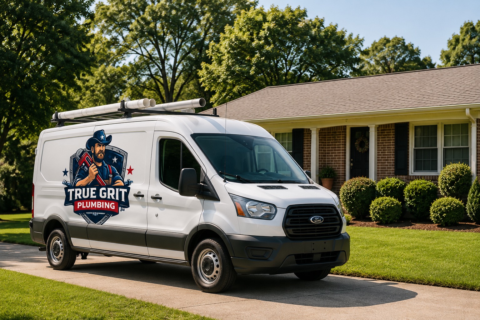 True Grit Plumbing service van parked in a Northwest Georgia neighborhood
