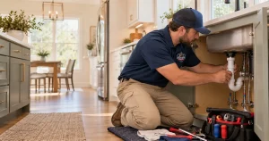 Georgia licensed plumber in a True Grit Plumbing uniform working under a kitchen sink in a Northwest Georgia home