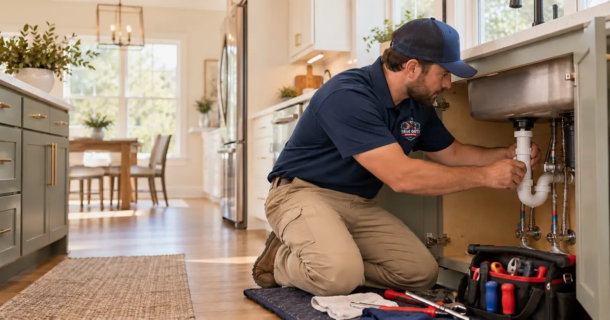 Georgia licensed plumber in a True Grit Plumbing uniform working under a kitchen sink in a Northwest Georgia home