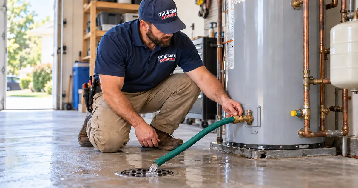 True Grit Plumbing plumber flushing a tank water heater with a hose to a garage floor drain in Northwest Georgia