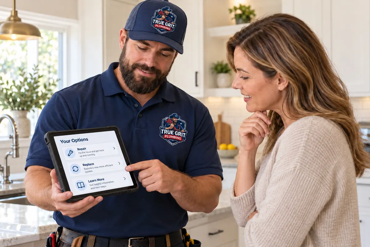 True Grit Plumbing plumber showing a homeowner her repair and replace options on a tablet in her kitchen