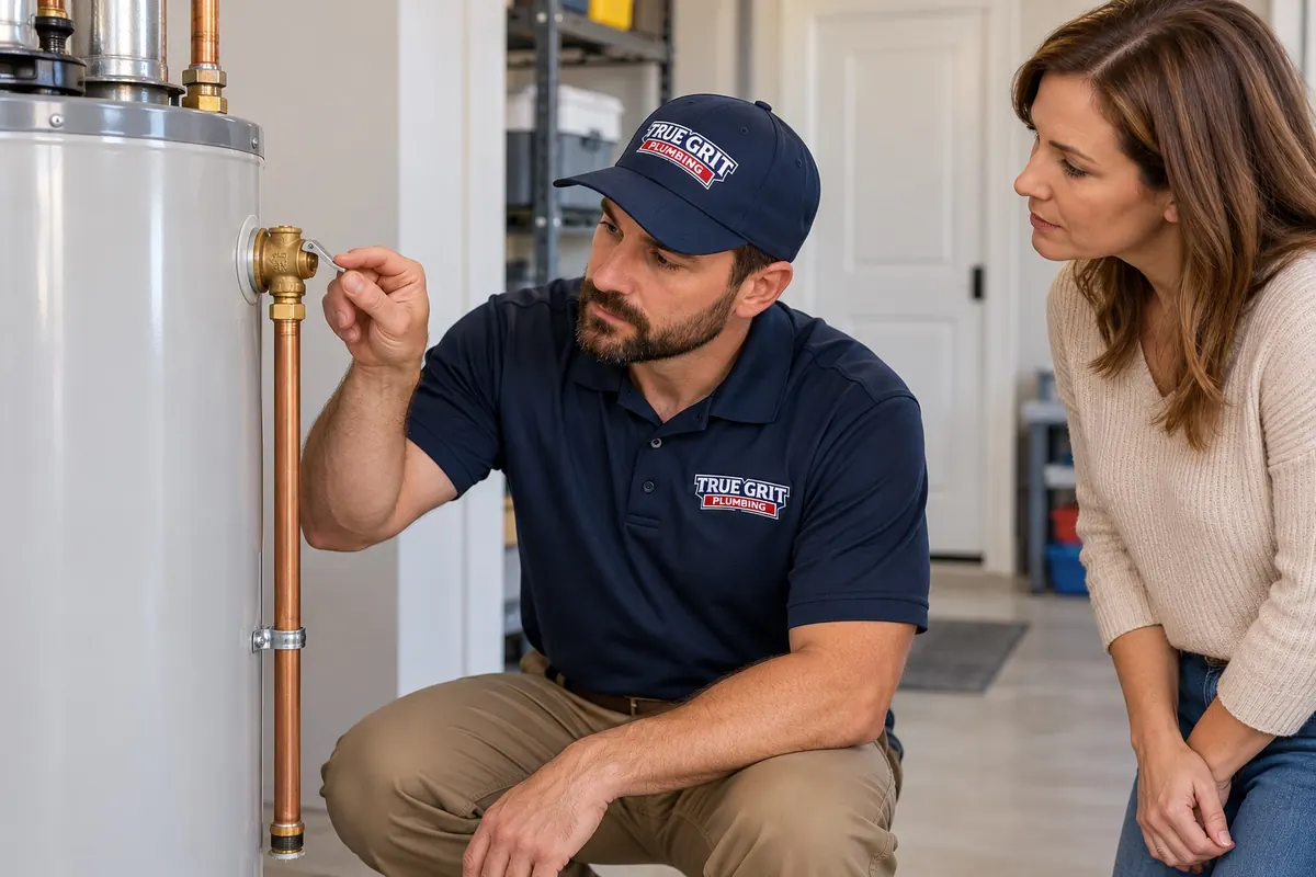 True Grit Plumbing plumber testing a water heater temperature and pressure relief valve while a homeowner watches