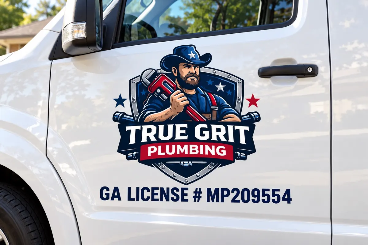 True Grit Plumbing work van with Georgia plumbing license number shown on the door