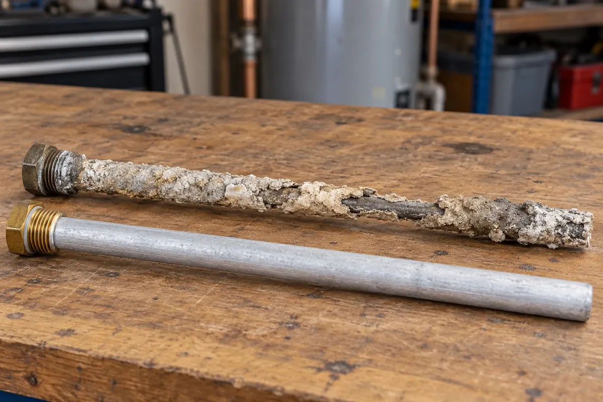 Worn-out water heater anode rod eaten down to the core wire next to a new anode rod on a workbench