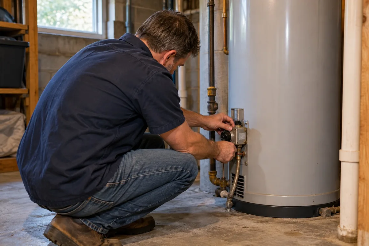 Plumber crouched at the gas control valve on a residential gas water heater in a basement