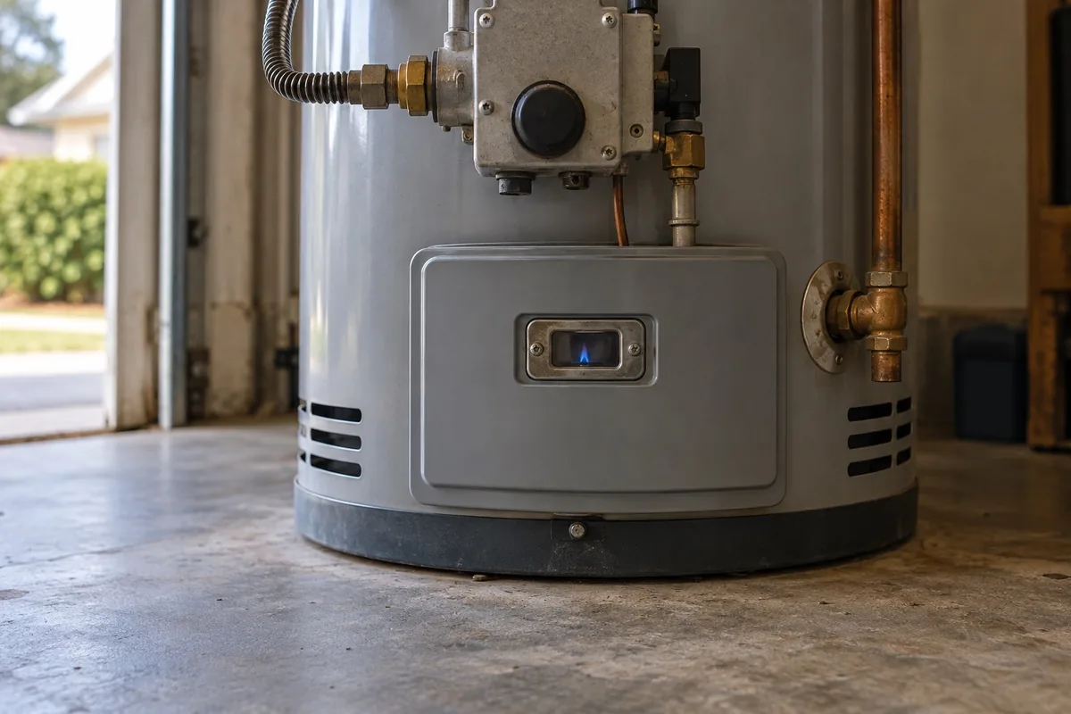 Blue pilot flame visible through the sight window on the burner access panel of a gas water heater