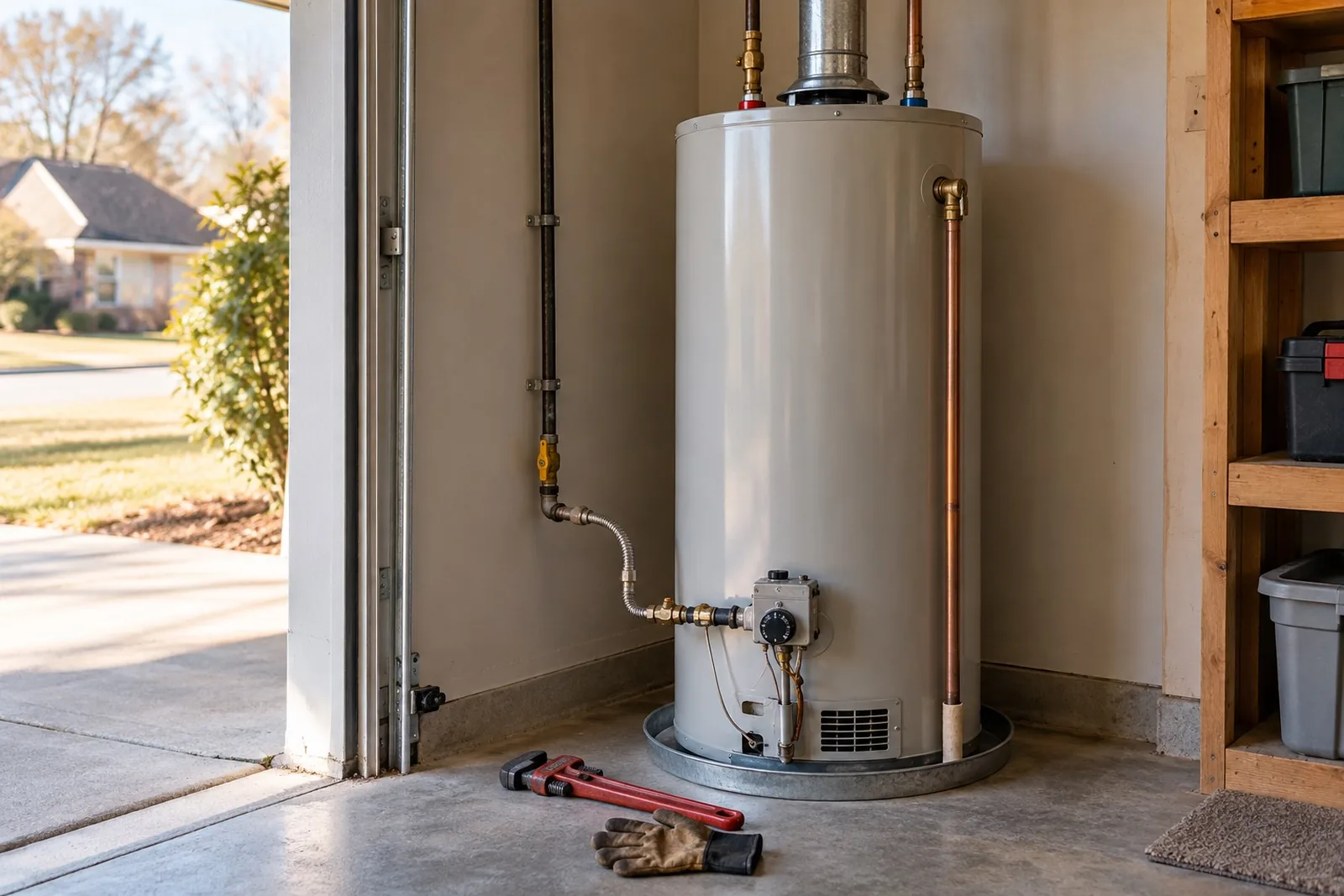 Gas tank water heater in the garage of a Northwest Georgia home, pipe wrench and work gloves on the floor beside it
